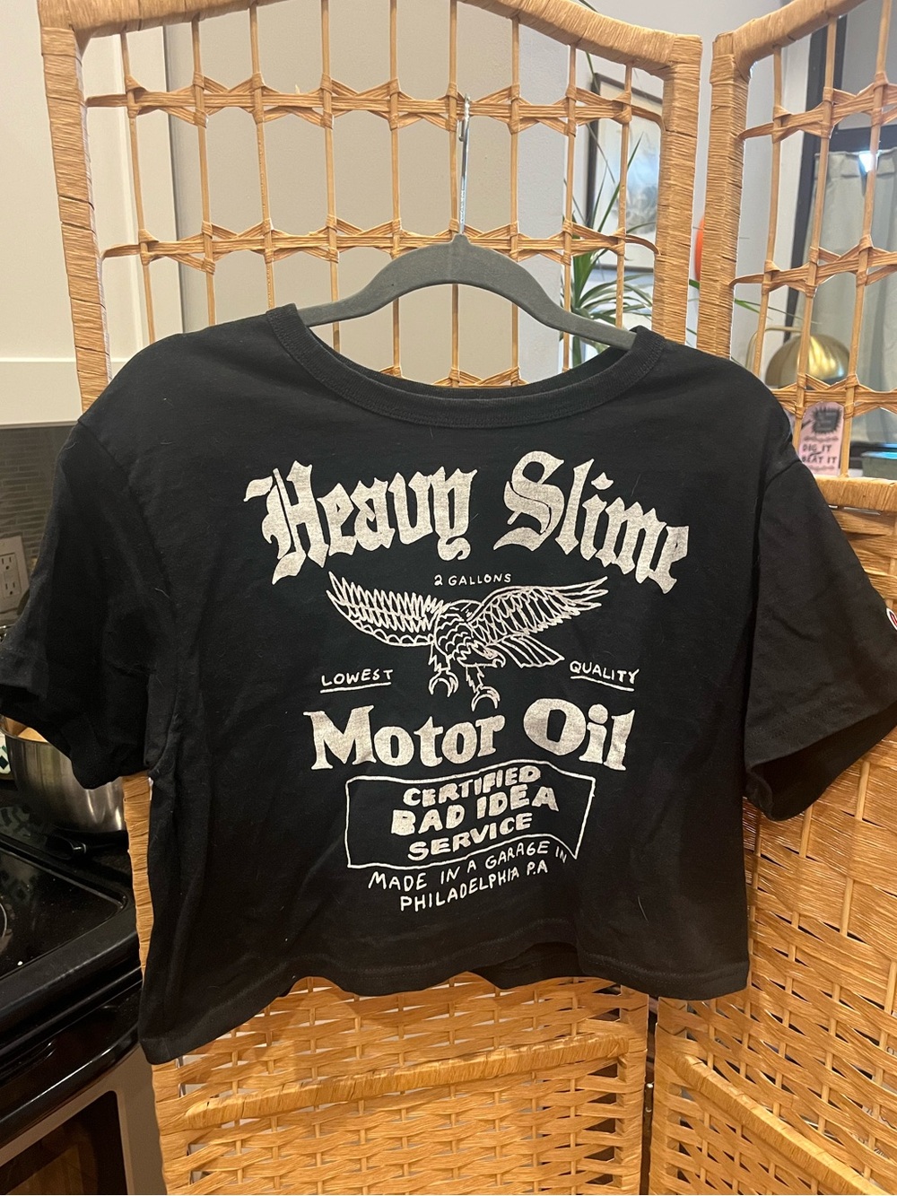 Heavy Slime Motor Oil Philly Black Graphic Champion Brand Crop Tee - Women’s M/L